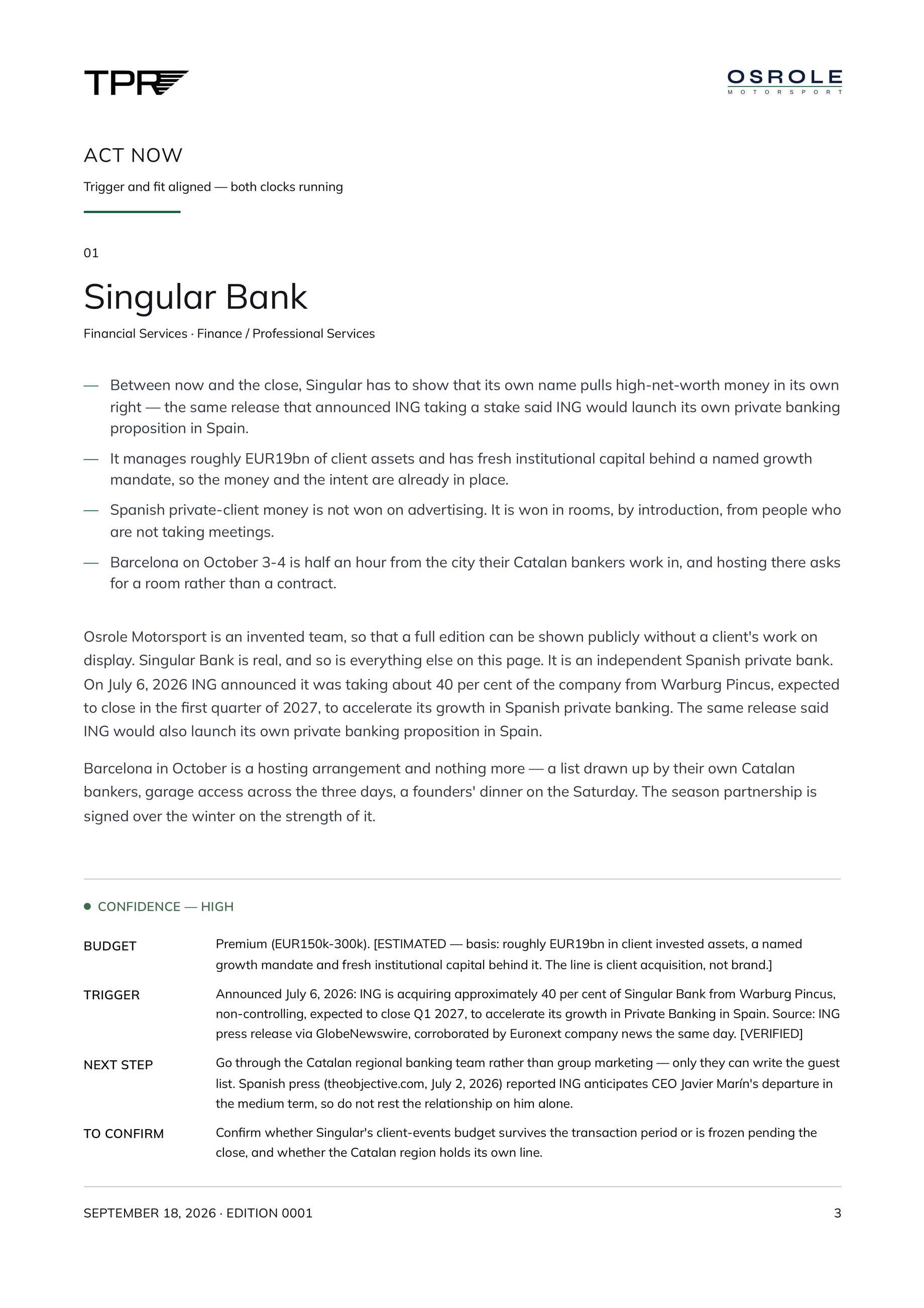 A page from a sample edition of The Partnership Report, showing one opportunity with its trigger, budget read and next step.